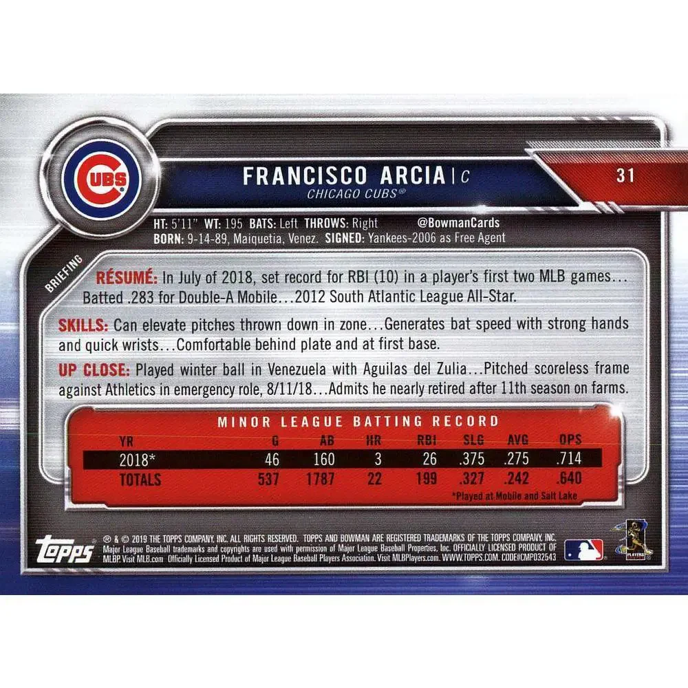 2019 Bowman Francisco Arcia RC #31 Chicago Cubs